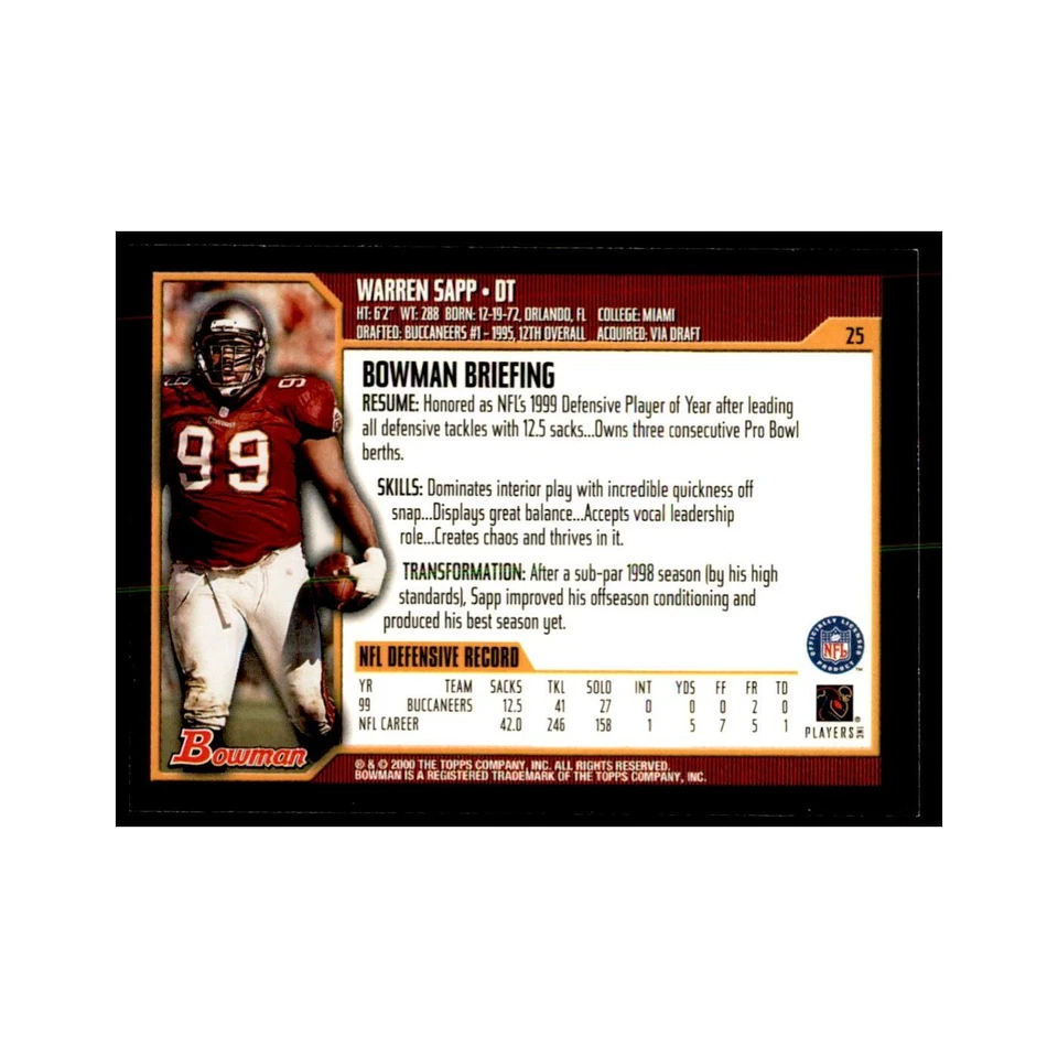 2000 Bowman Warren Sapp Football Cards #25.0 - Image 2 of 3