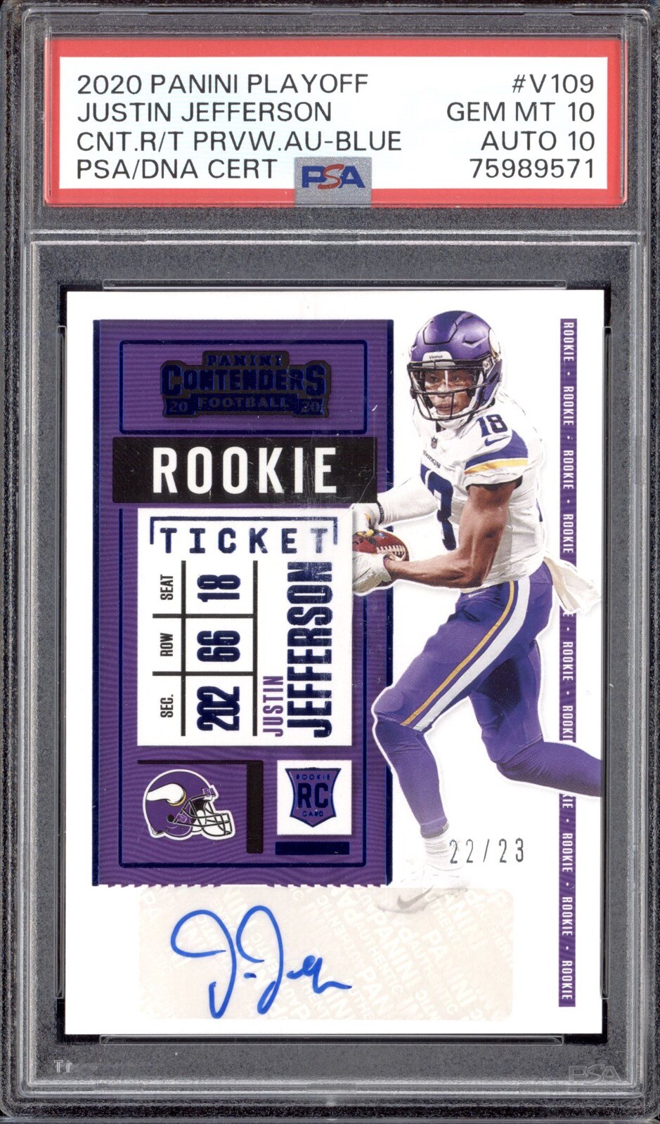 Justin Jefferson Panini Playoff Contenders Rookie Ticket Preview Autographs #V109 Blue