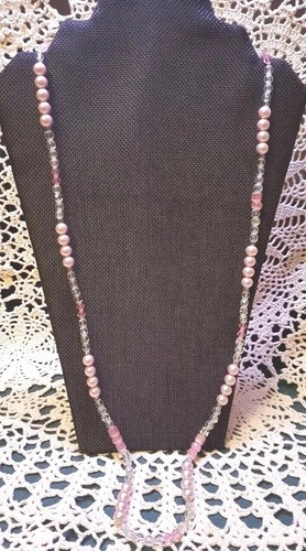 VTG 34" Artisan SATIN PINK Glass PEARL & Assorted Crystal Bead NECKLACE 1980s - Picture 3 of 11
