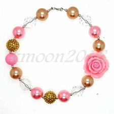 Fashion Women Sweet Gold Pink Flower Chunky Bead Kid Gumball Bubblegum Necklace