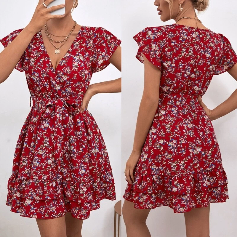 Short red store floral dress