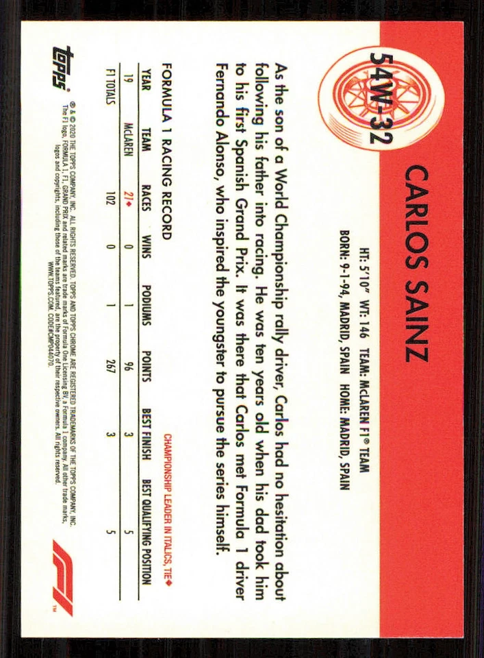 2020 Topps Chrome Formula 1 '54 Topps World on Wheels #54W32 Carlos Sainz - Image 2 of 2