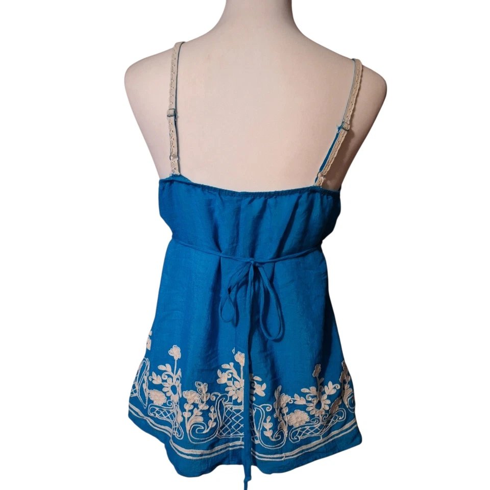 Y2K 00s Jrs L Babydoll Embroidered Floral Top Festival Boho Going Out Lace Strap - Image 2 of 4