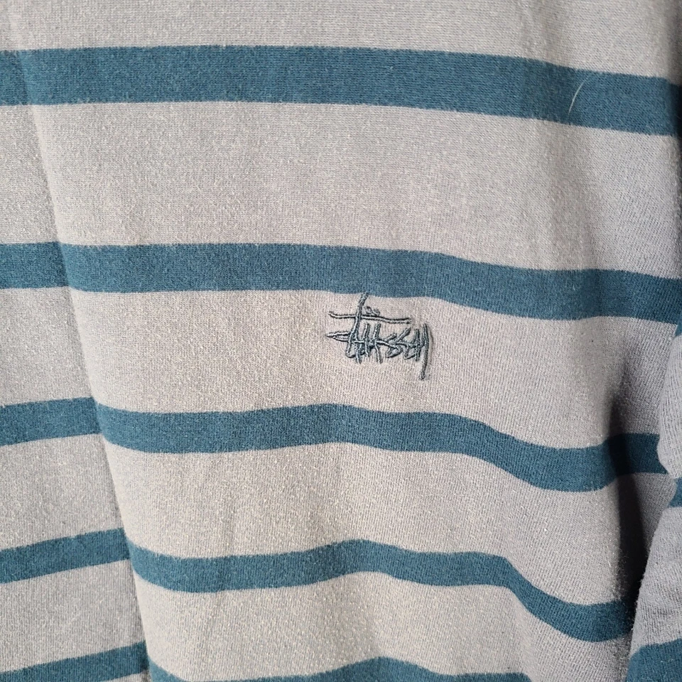 Camisa Stussy Para Hombre XL Gris Azul Rayas Manga Larga Algodón Cuello Redondo Foto 3 de 4