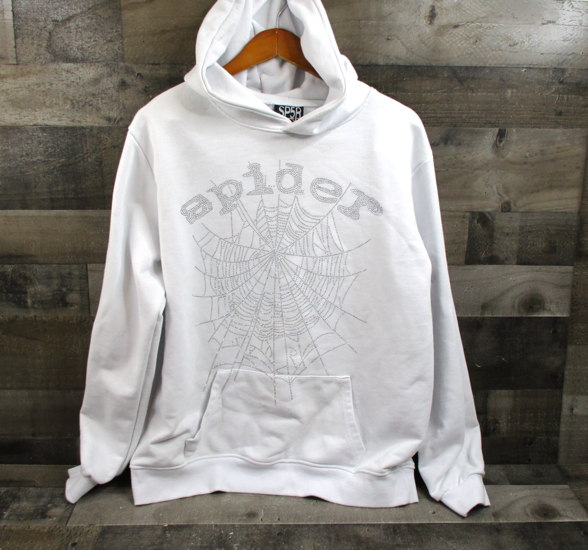SP5DER Hoodie Mens Large White Rhinestone Spider Web