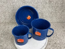 Lot of 3 GSI Outdoors Enamelware Mugs  Saucepan Speckle Blue White