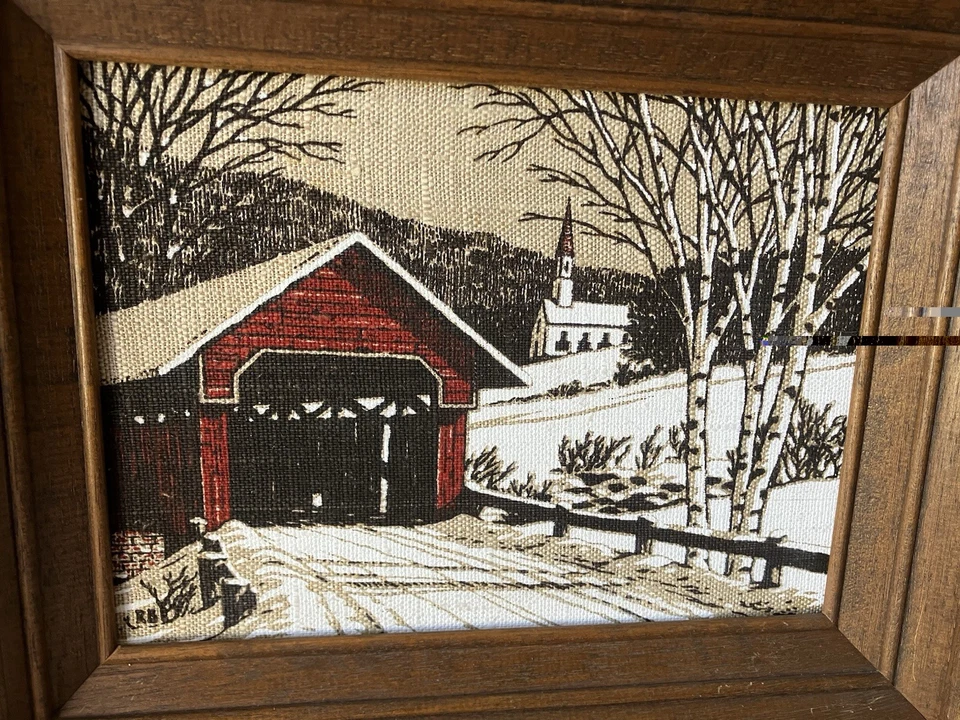 Vintage KAY DEE Hand Prints Pair Linen Art Covered Bridge, And Winter Scene - Image 3 of 4