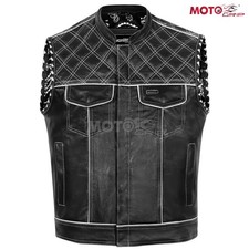 Men's Black Leather Vest Diamond Motorbike Motorcycle Concealed White Waistcoat
