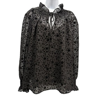 Loft Flocked Star Ruffle Blouse Whimsigoth Witchy Fairy Grunge Black Womens XL