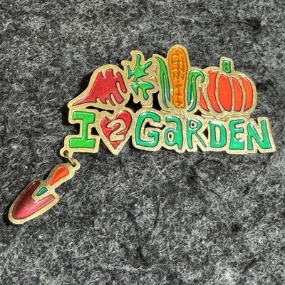Vintage Enamel I Love to Garden Pin I   2 Garden Radish Corn Pumpkin Shovel EUC