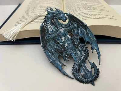 Frostfang Dragonblade Bookmark – Ice Blue Dragon with Sword Fantasy Gift