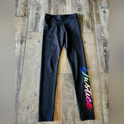 Justice Girls Black Leggings Size 10 | Rainbow Ombre Logo | Active Stretch Pants