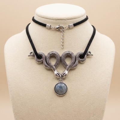 Doppel Schlangenkette blau grau Anhänger Gothic Choker silberfarben Damen Halskette