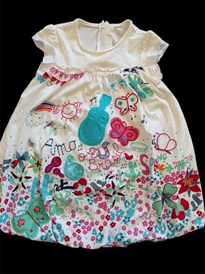 Catimini EUC Pink/Green/Blue Embroidered Applique Floral  Lined Bubble Dress-3T