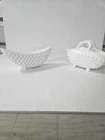 Vintage Fenton Hobnail Milk Glass Gravy Boat and Curved Handle Basket Excellent