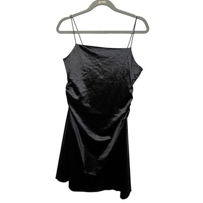 HM Divided Black Satin Ruched Mini Dress NWT Size L Spaghetti Strap Cocktail