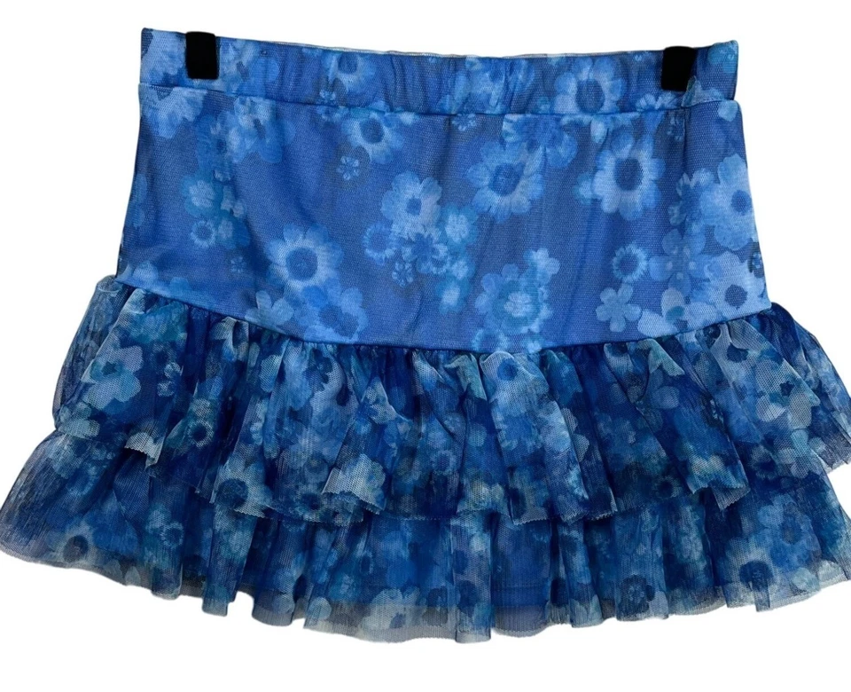 Justice Girls 14 Blue Floral Tiered Mesh Skort Ruffle Pull-On Skirt Shorts - Image 2 of 4