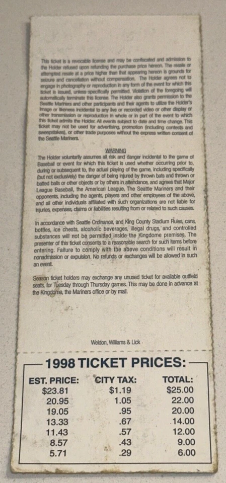4/21/98 Royals Mariners King Dome MLB Ticket Stub Griffey Alex Rodriguez HR #72 - Image 2 of 2