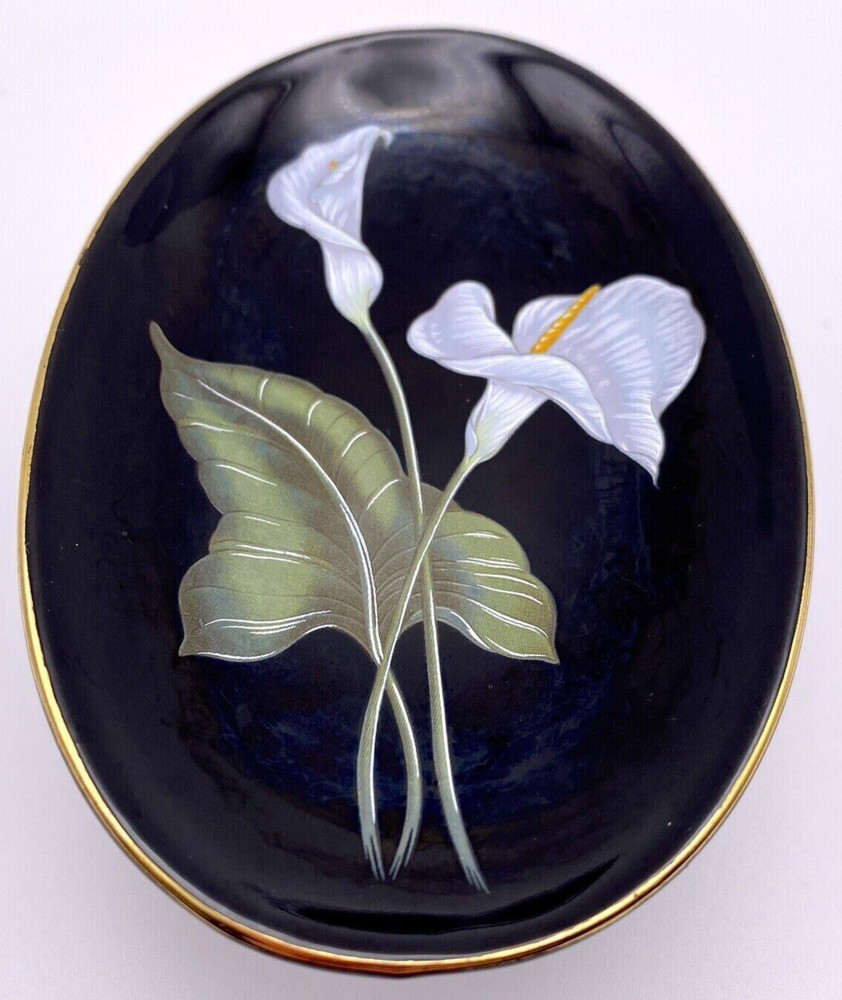 Vintage Black Ceramic Soap Dish Beacon Hill Japan Hand Painted Calla Lily Design