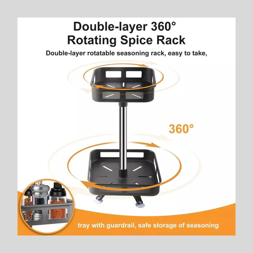 2 Tier Lazy Susan Turntable Rotating Spice Jar Rack 360 Kitchen Organiser Black - Image 4 of 4