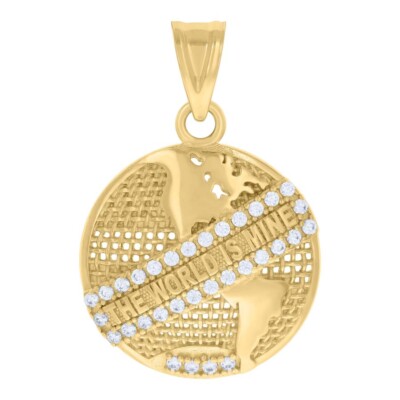 14K Yellow Gold Cubic-Zirconia The World Is Mine Globe Charm Pendant 3.1gm