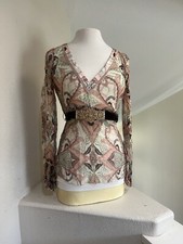 ELIE TAHARI Sheer Floral Silk Belted Brown Tunic Top Y2k Coverup Fairy Beach XS