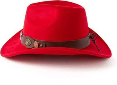 Red Western Cowboy, Cowgirl Hat, Bull Horns Strap, Men Women Retro
