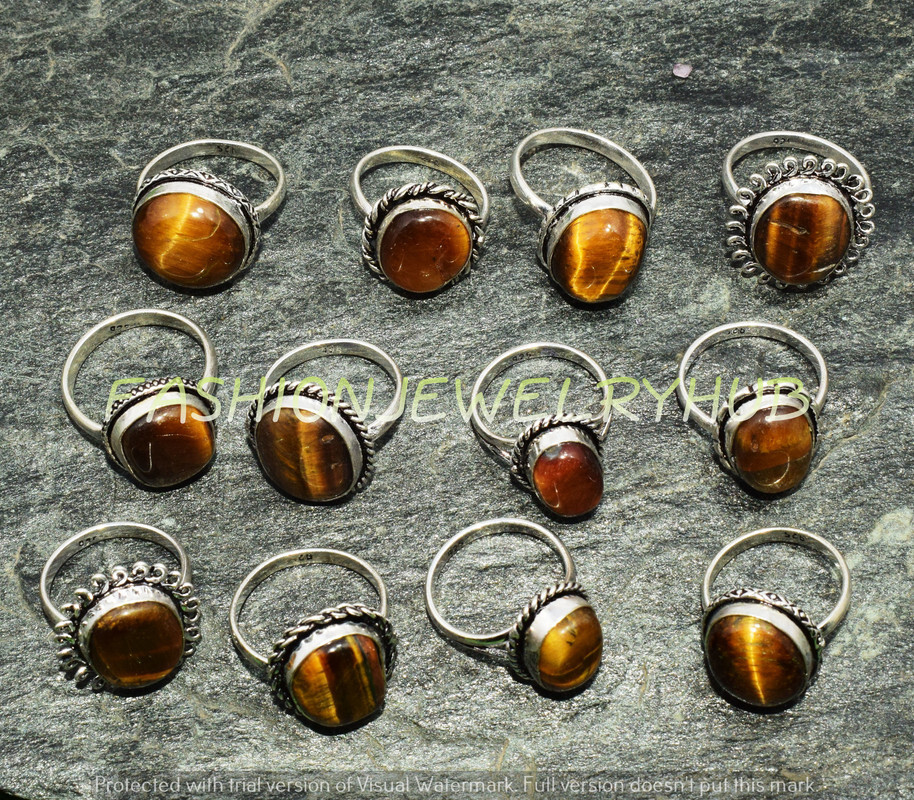 Lotes de 5 anillos para mujer con piedras preciosas étnicas hechas a mano ojo de tigre FR-2968
