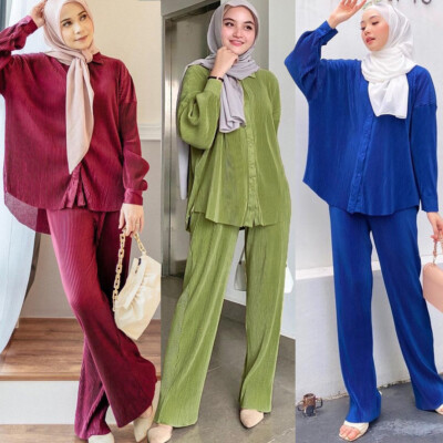 Muslim Women Pleated Tops Pants 2 Pieces Set Dubai Abaya Kaftan Dress Outfits
