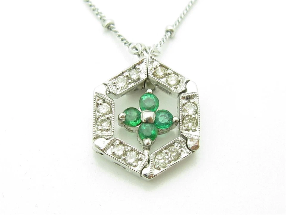 Colar presente ouro branco 14kt genuíno diamante branco verde esmeralda design 2 em 1