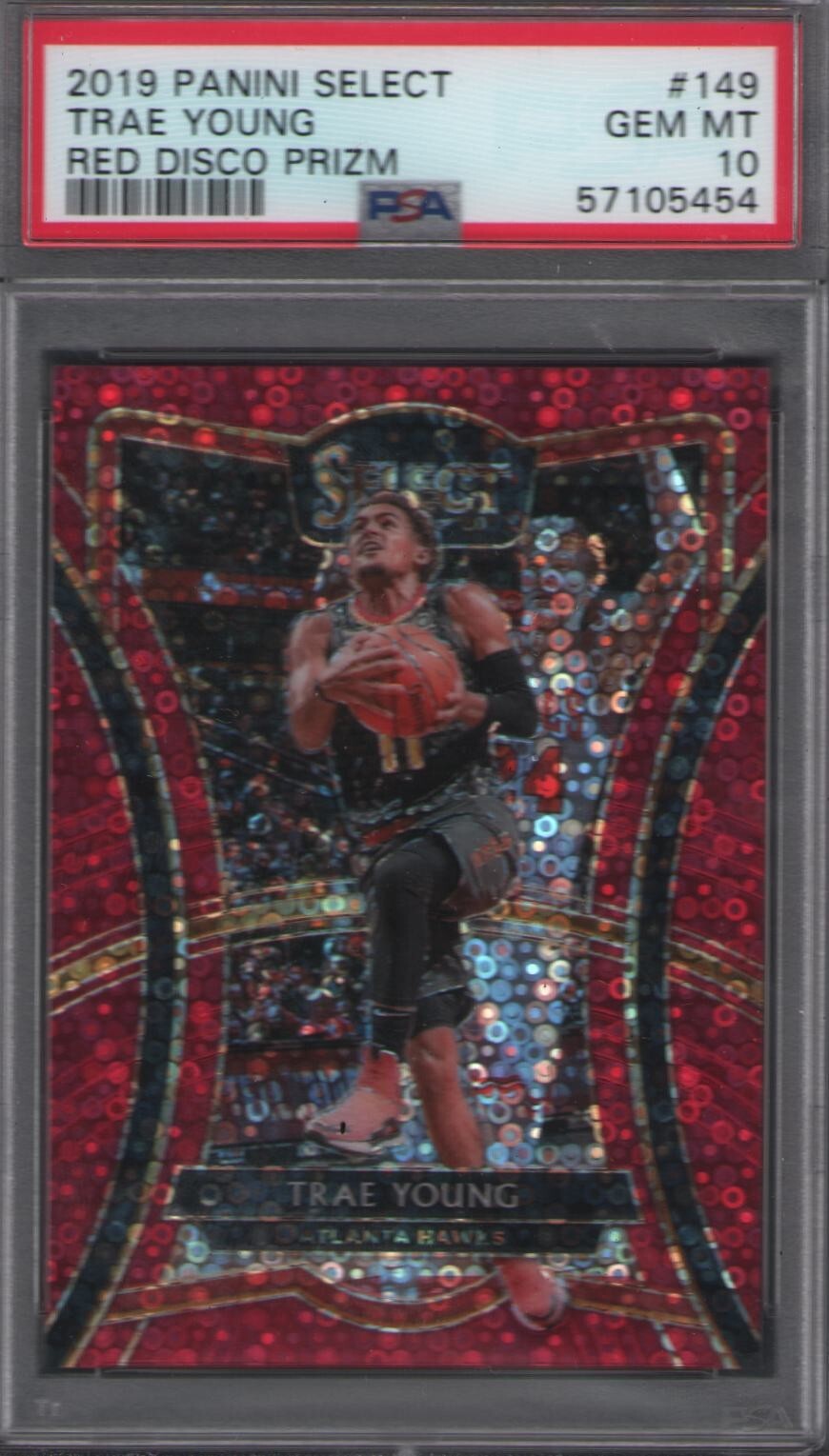 2019-20 Panini Select - Premier Level Red Disco Prizm #149 Trae Young /49 PSA 10