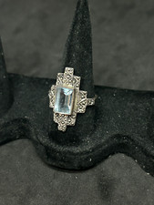 925 Sterling Silver Marcasite and Blue Topaz 26mm Ring Sz 8 - 4.53g