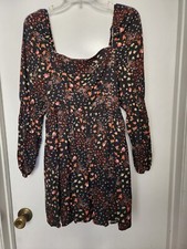 Forever 21 Sz S Black Floral Print Short Mini Boho Dress Smocked Back NWT 