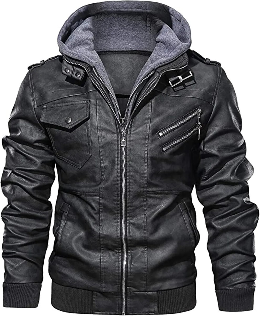 ジャケット・アウター vintage realleather jacket / hood jacket Men's Vintage Bomber Hoodie with Removable Hood Real Motorcycle