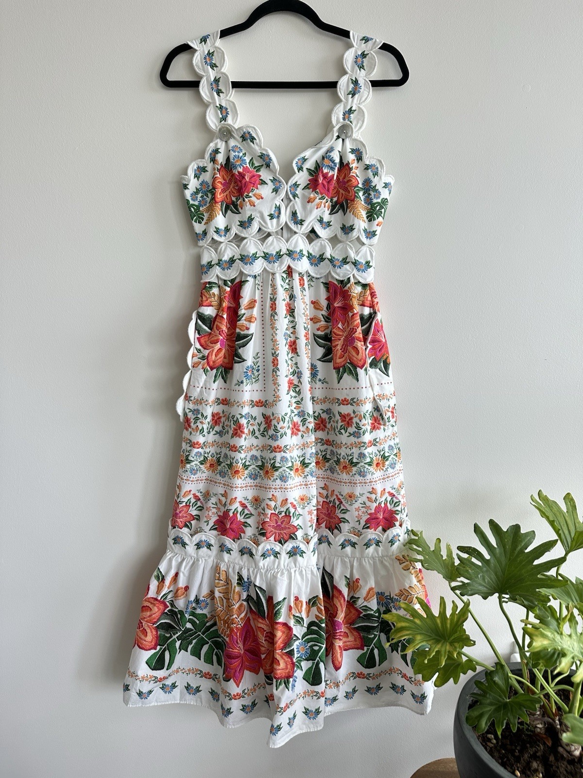 Farm Rio Bloom Garden Floral Embroidered Midi Dress White XS Scallop Lace