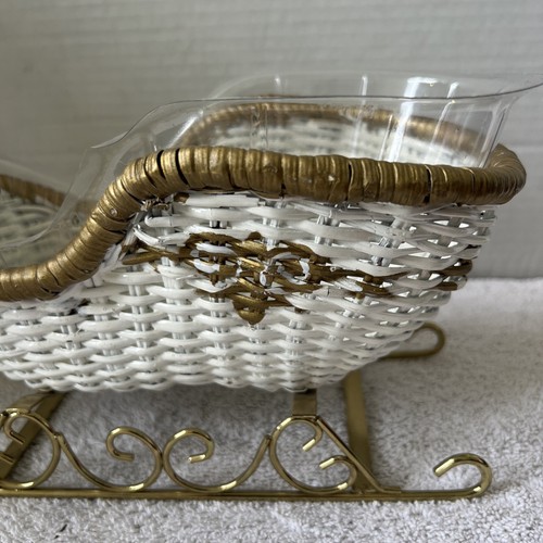 Vintage Planter White and Gold Wicker Sleigh Holiday Centerpiece FTD. VTG - 第 6/8 張圖片