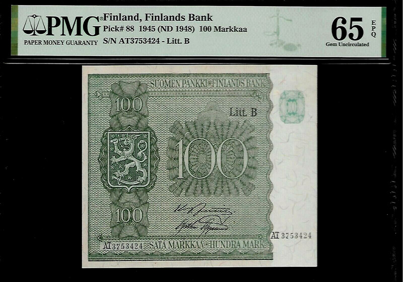 Finland 100 Markkaa 1945 PMG 65 EPQ UNC P#88 PMG Population 2/1, Series AT