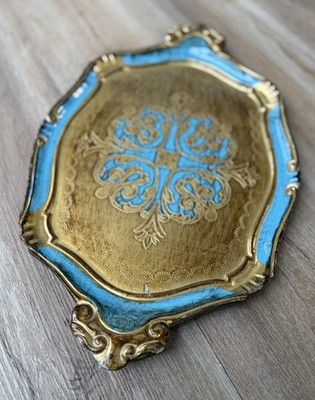 Lavaroto A Mano Holztablett, bemalt gold, türkis,  ca. 42 Cm 26 Cm Maden Italien