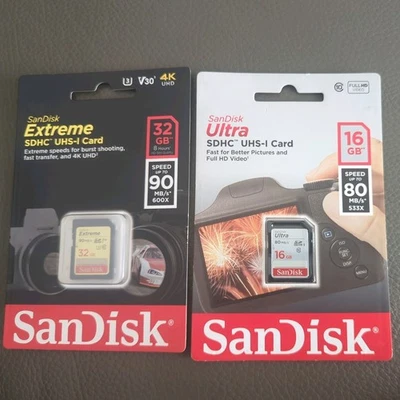 New SanDisk Extreme sdhc 32gb UHS-I memory card + 16gb SanDisk sdhc -uhs-i card - Image 1 of 4