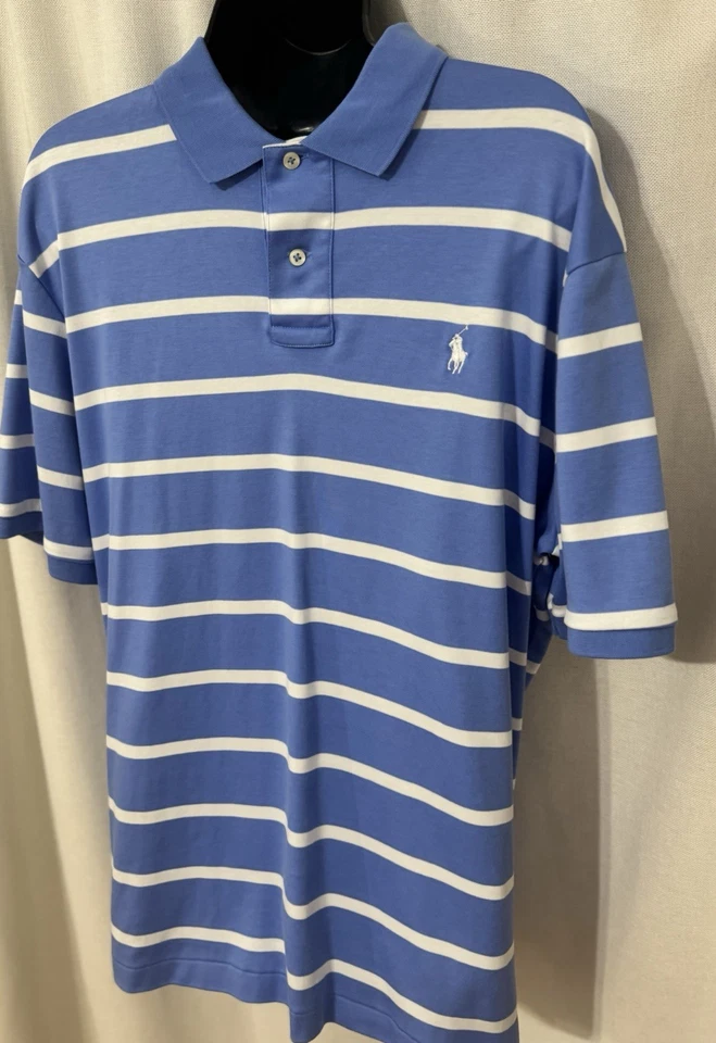 Ralph Lauren Men's Blue Striped Short Sleeve Polo Shirt Collared 100% Cotton L - Image 2 of 4
