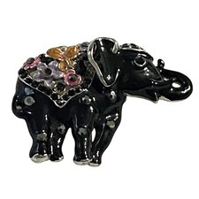 Enamel Elephant Brooch 2 X 1.5 Black Glass Jeweled Trunk Up Safari Versatile