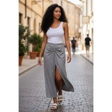 Ribbed Gray 100 Cotton Drawstring Maxi Skirt Front Slit Size M