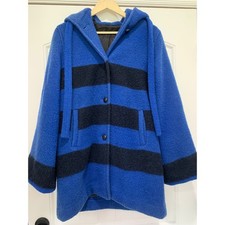 Woolrich Woman Vintage Blue Black Striped Wool Hooded Coat Made in USA Sz L READ