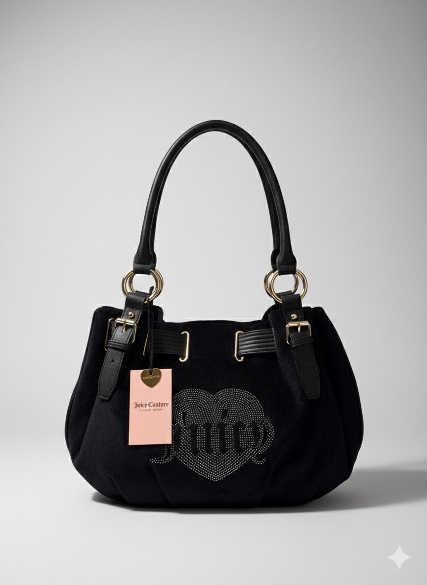 NWT Juicy Couture Queen Couture Black Velour Tote Bag Rhinestone