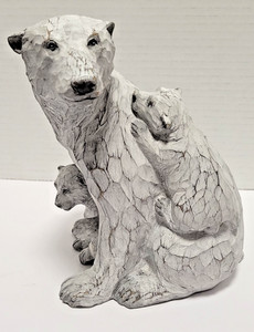 Carved Polar Bear Mother Cub 7.6" Statue Wood Look Resin White Distressed Rustic