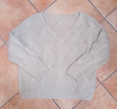 Wollpullover Pullover Strick S-M 36-38 beige V-Ausschnitt Winter warm