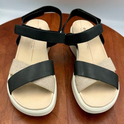 ECCO Flowt Wedge Luxury Crossband Sandals Womens EU 37/US 6 Black Beige Comfort