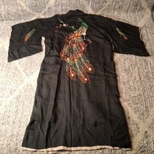 Black Japanese Embroidered Peacock Kimono Traditional Asian Robe VTG