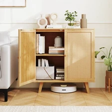 Bamboo Buffet Cabinet w/ PE Rattan Doors Freestanding Kitchen Cupboard