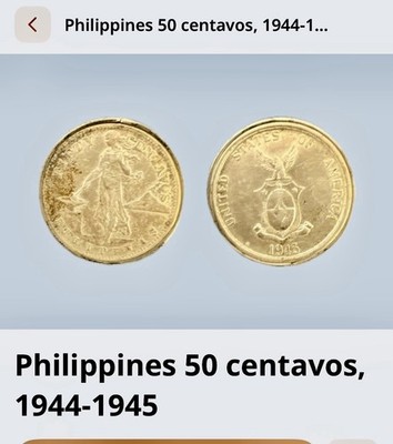 1945-S Philippines 50 Cents Centavos, United States Administration Silver Coin